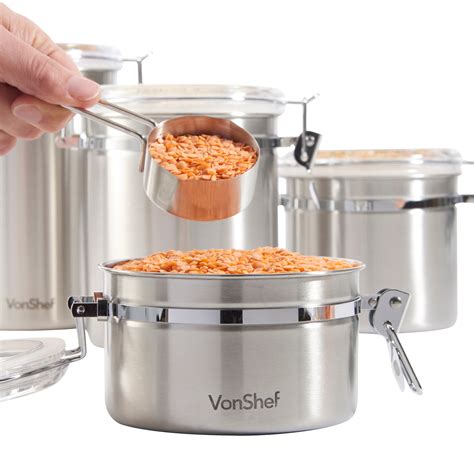 VonShef Set Of 4 Food Storage Canisters Stainless Steel With Clip Air