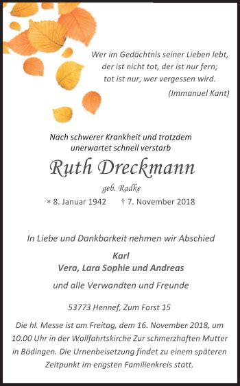 Traueranzeigen Von Ruth Dreckmann WirTrauern