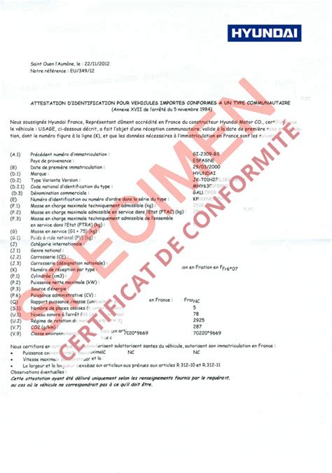 Certificat de Conformité Européen Hyundai COC Commandez votre