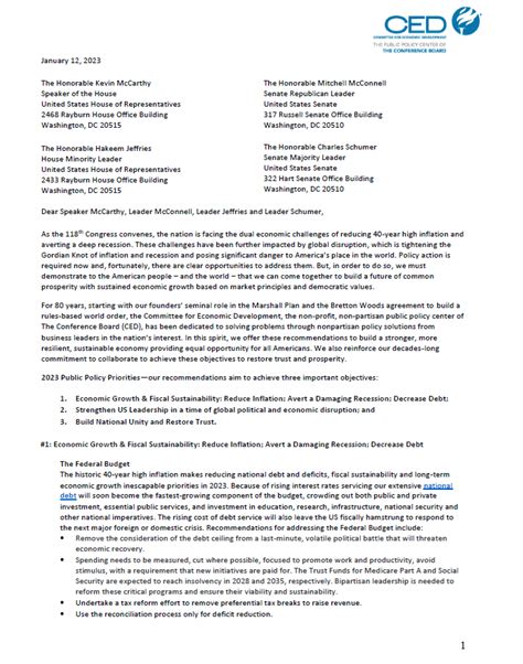 Ced Letter To Congressional Leadership Public Policy Priorities For