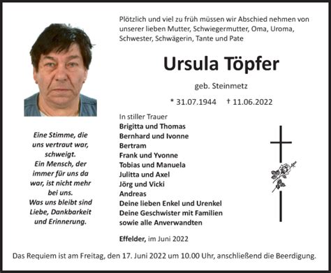 Traueranzeigen von Ursula Töpfer trauer in thueringen de