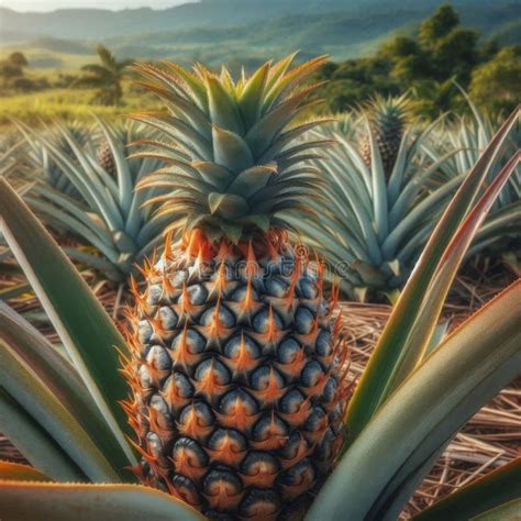 Pineapple Fruit Growing Closeup Of Pineapple Growing Stock