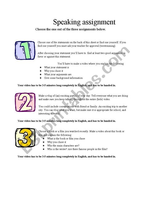 Three Speaking Assignments Esl Worksheet By Kstuurman