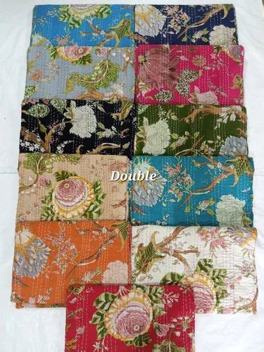 Multicolor Printed Cotton Kantha Quilt Bedspread Double Bed Jaipuri