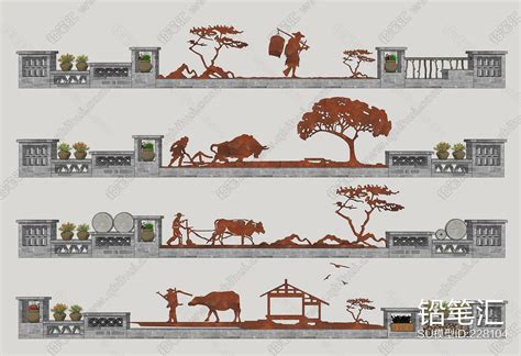 新中式乡村锈板景墙su模型 铅笔汇 高品质su模型交流分享平台