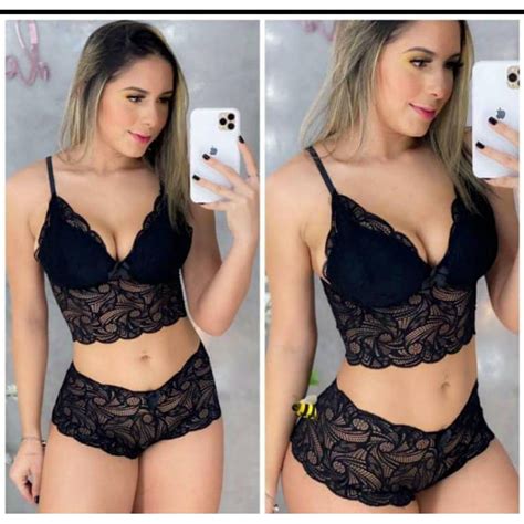 Conjunto Lingerie Em Renda Preta Shopee Brasil