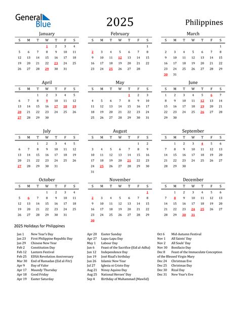 2025 Philippines Calendar With Holidays