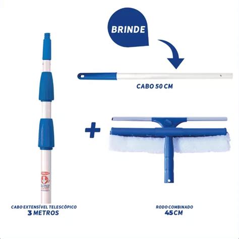 Kit Nº32 Cabo Extensor 3m Rodo Limpa Vidro 45 Cm Brinde Frete grátis