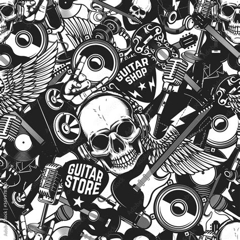 Seamless Pattern With Rock And Roll Music Elements In Monochrome Style Design Element For