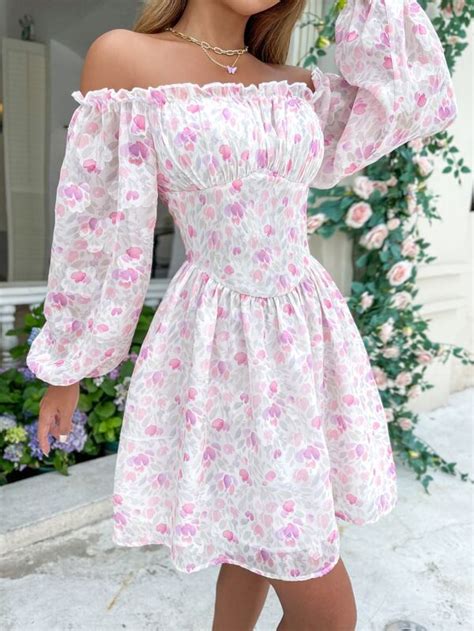 Allover Floral Print Off Shoulder Frill Trim Lantern Sleeve Chiffon