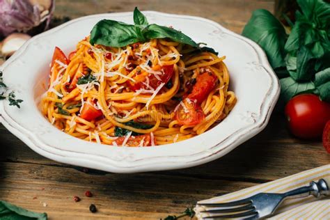 Spaghetti Pasta With Tomato Sauce Parmesan And Basil On A White Plate