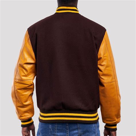 Varsity Base Men Jacket Brown Wool Body Bright Gold Leather Sleeves Letterman Jacet