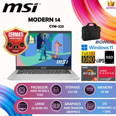 Jual MSI MODERN 14 RYZEN 5 7530 16GB 512GB W11 OHS 14 0FHD IPS BLIT 2Y