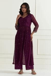 Buy Purple Chanderi Embroidery Sequin V Neck Side Slit Kurta For Women