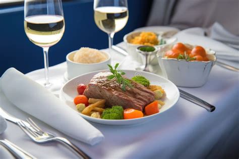 Gourmet Meal Showcased On A Business Class Airliner Table Stock