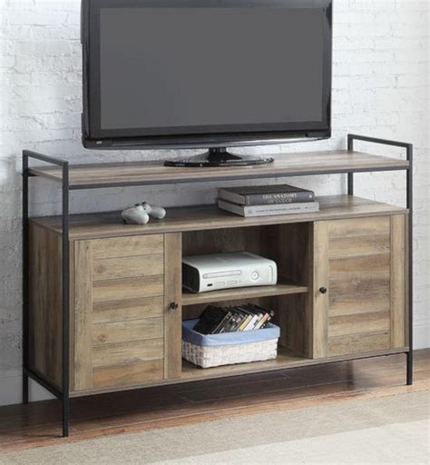 Baina Rustic Oak Wood/Black Metal TV Stand with Open Shelves – Aetna Stores