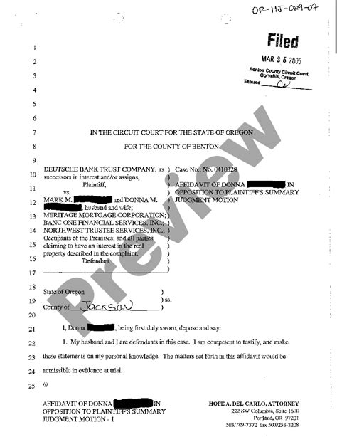 Hillsboro Oregon Affidavit Of Defendant In Opposition To Plaintiff S