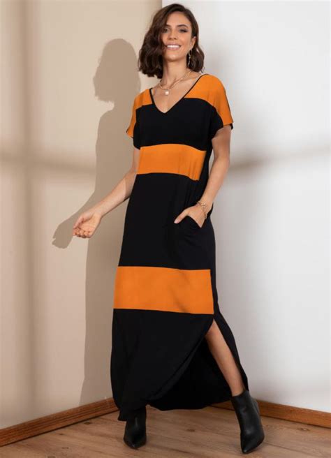 Vestido Laranja E Preto Longo Soltinho Fenda Quintess