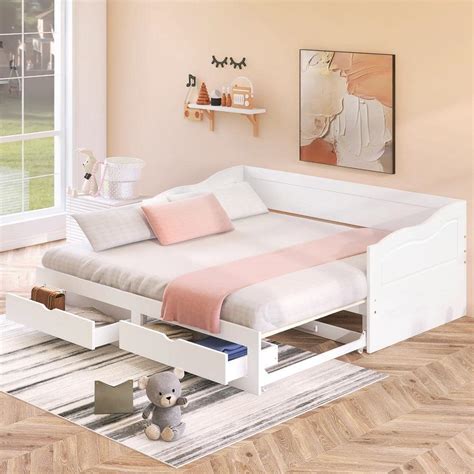 Reviews for GODEER White Wooden Daybed with Trundle Bed and 2-Storage Drawers Extendable Bed ...