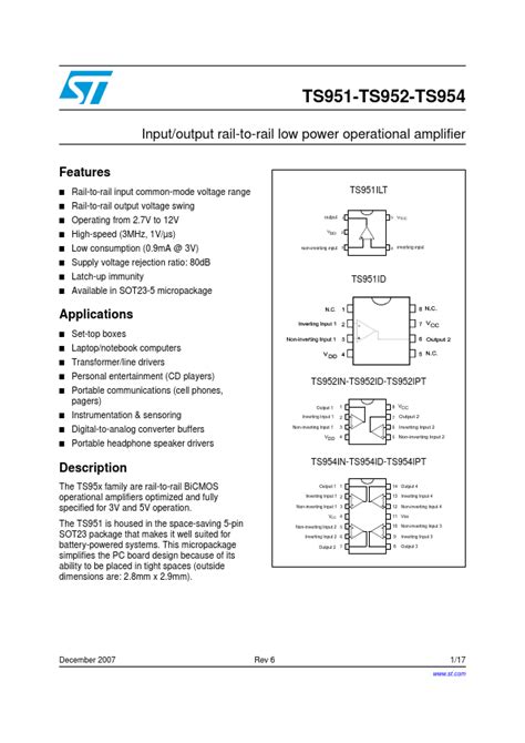 TS952 ST Microelectronics AMPLIFIERS Hoja de datos Ficha técnica