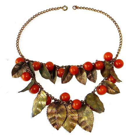 Bakelite Berries Brass Leaves Double Tier Necklace From Bejewelled On Ruby Lane