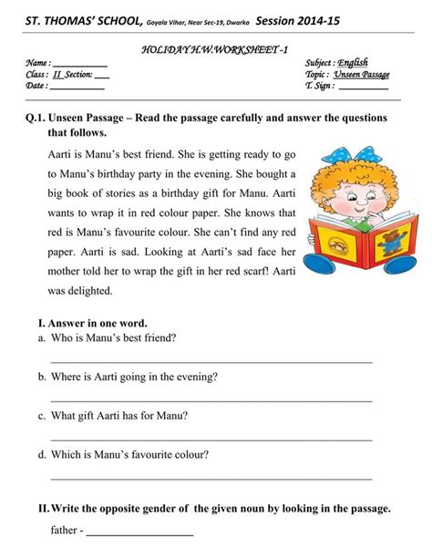 Unseen Passage Worksheet For Class 1