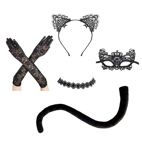 Black Cat Costume Cat Tail Cat Ear Headband Eye Mask Gloves Stocking