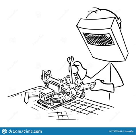 Welder Welding Iron Or Metal In Workshop Vector Cartoon Stick Figure