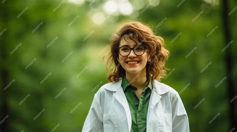 Premium Ai Image Smiling Young Female Scientist In A White Lab Coat And Safety Glasses