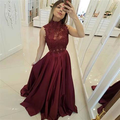 High Neck Long Burgundy Prom Dresses A Line Sleeveless Sweep Train