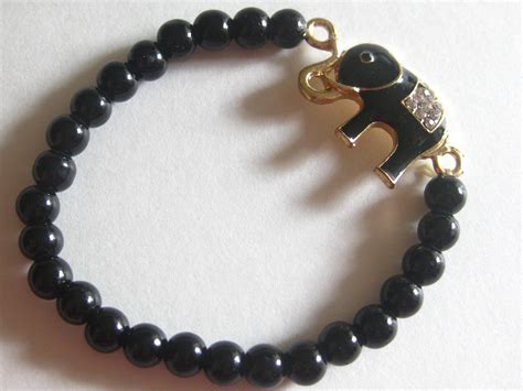 Elephant Beaded Bracelet Black Enamel Rhinestone Elasticized Etsy