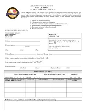 Fillable Online Cityofripon Application For Employment City Of Ripon