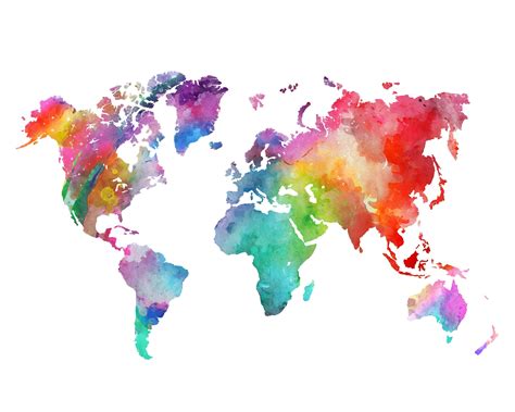 Rainbow World Map PRINTABLE Colorful Watercolor World Map Wall Art ...