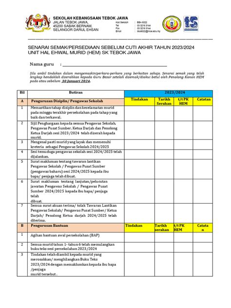 Senarai Semak Unit Hem Akhir Tahun 20232024 Pdf