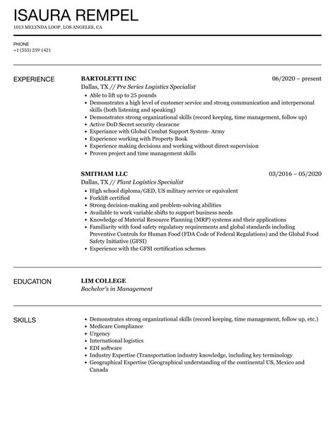 Logistics Specialist Resume Samples Velvet Jobs