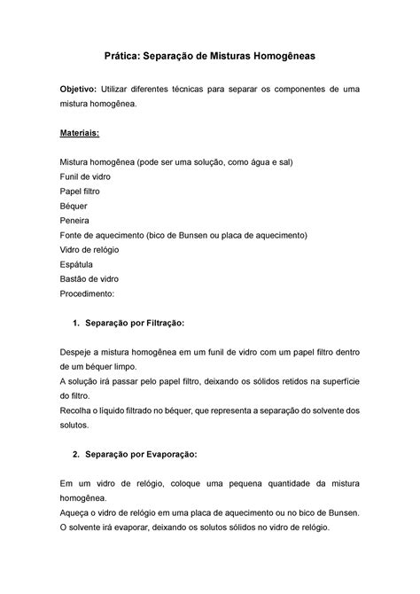 Separação de misturas homog Prática Separação de Misturas Homogêneas