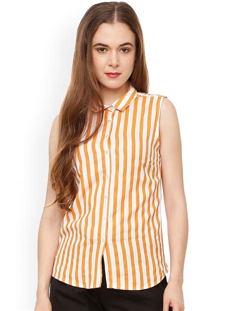 Buy People Women Orange And White Regular Fit Striped Casual Shirt