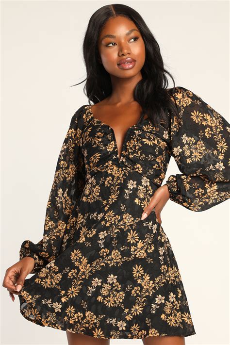 Black Floral Mini Dress Balloon Sleeve Dress Cute Mini Dress Lulus