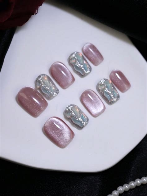 ทำดวยมอบรสทธ กดบนเลบ ชนสนสแควรคมอเลบ Nude สชมพตาแมวสองนสดเลบ พลอย