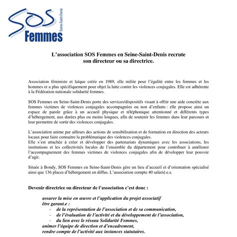 Offre De Recrutement Directrice Directeur SOS Femmes En Seine Saint