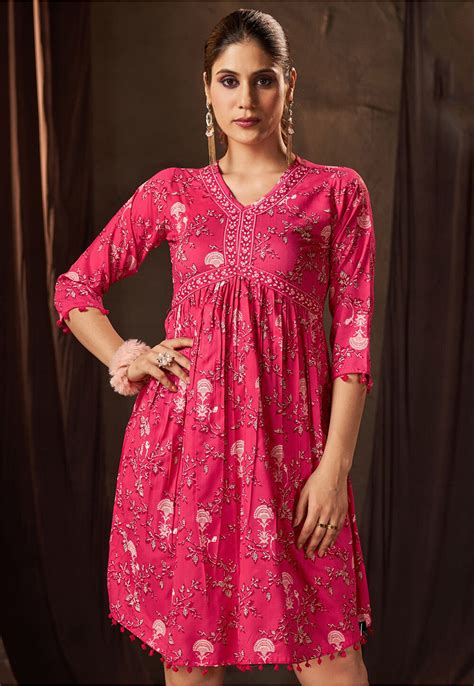 Digital Printed Rayon Aline Kurta In Fuchsia TPA2859