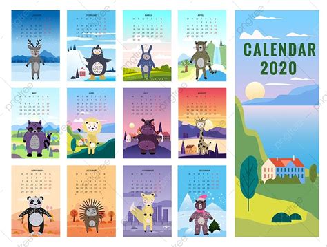 2020 Calendar Cute Animals Characters Background Landscapes Minimal ...