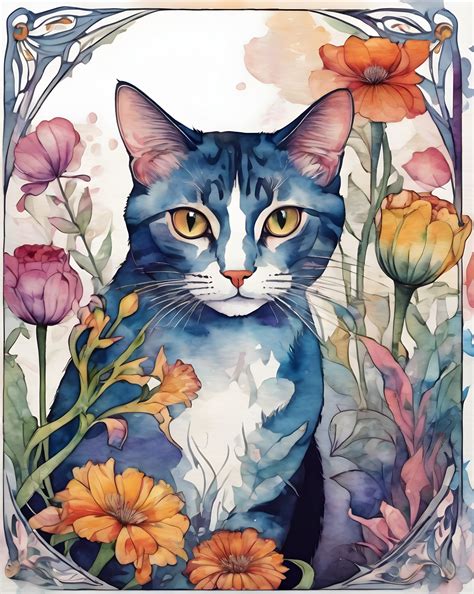 cat flowers art illustration  stock photo public domain pictures