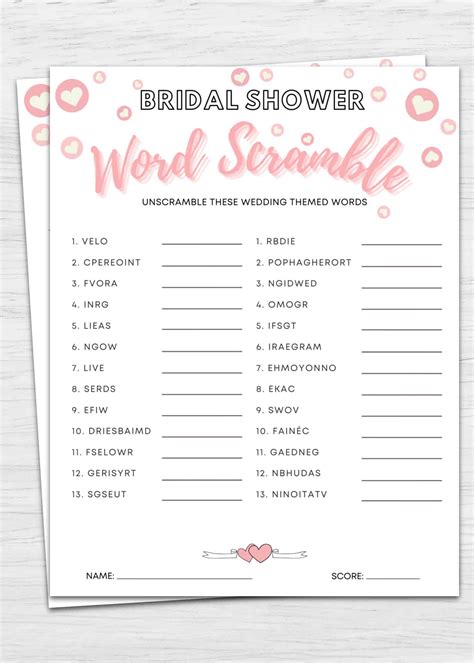 Word Scramble Printable Bridal Shower Game