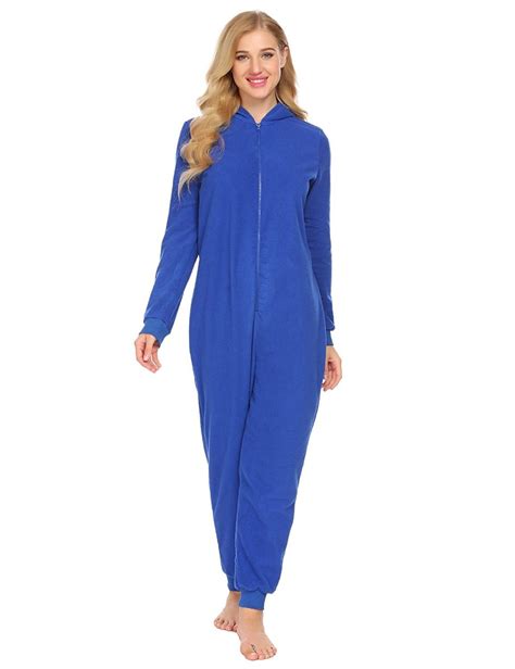 Women Onesie Pajamas Long Sleeve Hooded Solid Fleece Playsuit Nightwear