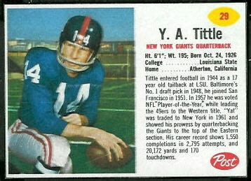 Y.A. Tittle - 1962 Post Cereal #29 - Vintage Football Card Gallery