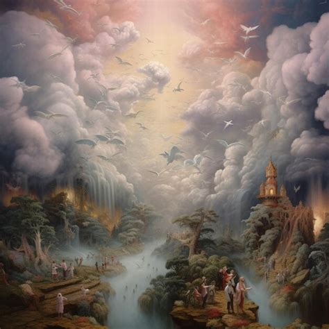 Premium AI Image | Painting of a painting of a river with people on it ...