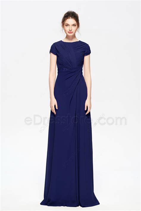 Navy Blue Modest Beaded Bridesmaid Dresses Cap Sleeves Edresstore