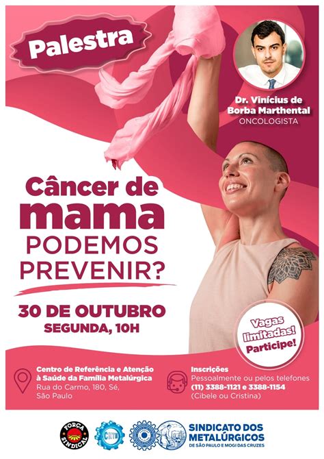 Palestra sobre câncer de mama 30 de outubro às 10h no Centro de