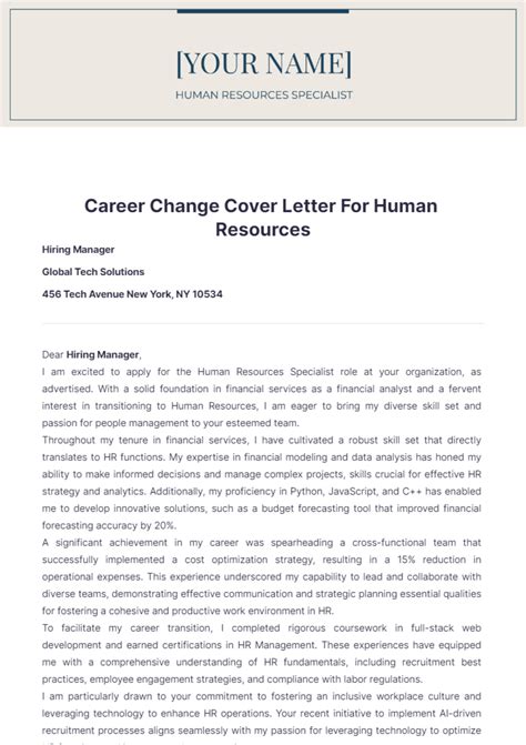 Free Career Change Cover Letter For Human Resources Template Edit